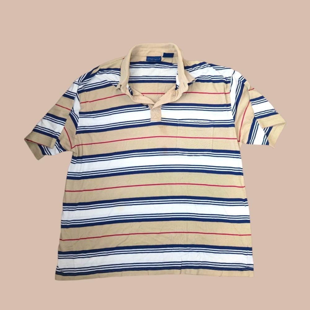 Vintage 90s/Y2K Striped Rugby Polo Shirt - Beige Blue Red